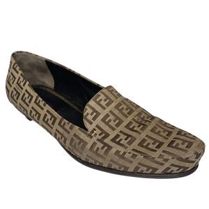 Fendi Zucca Monogram Slip Ons EU 38 Brown FF Logo Loafer Low Block Heel Pumps